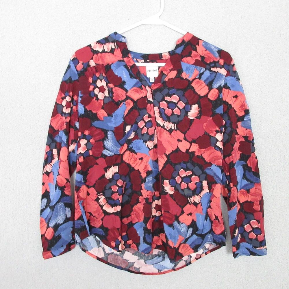 NIC+ZOE Blouse Womens S Floral‎ Long Sleeve V-Neck Rayon Spandex Stretch Red